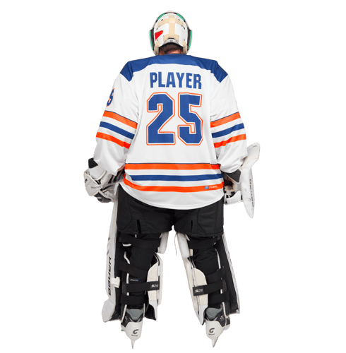 Back view of a hockey player in a white, blue, and orange goalie jersey with 'PLAYER' and number 25 printed on the back, wearing full protective gear.