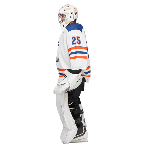 Side view of an ice hockey goalie wearing a white, blue, and orange jersey with the number 25 and white protective gear.