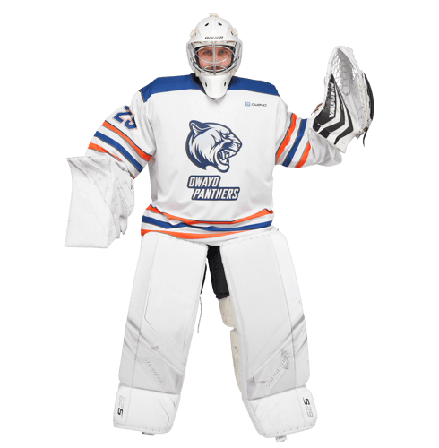 A hockey goalie wearing a white, blue and orange jersey with the 'Owayo Panthers' logo and the 'Owayo' logo on the chest, fully equipped with white protective gear including helmet, gloves, and leg pads.