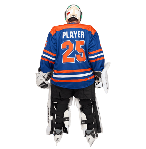 Back view of a hockey player wearing a blue and orange jersey with 'PLAYER' and the number 25, fully equipped with protective gear.