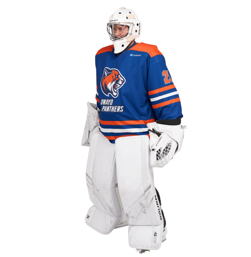 A hockey goalie in a blue and orange jersey with a panther logo and 'OWAYO PANTHERS' text, fully equipped with white protective gear including helmet, gloves, and leg pads.