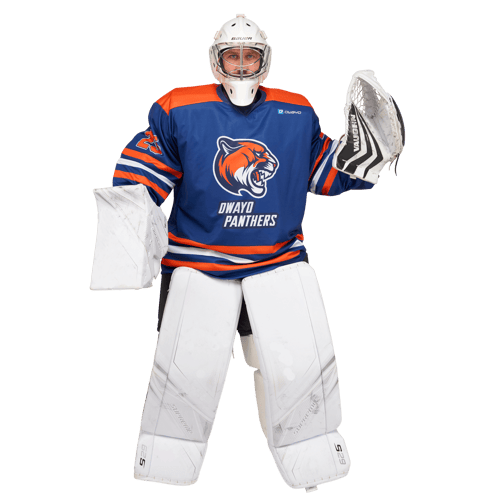 A hockey goalie wearing a blue and orange jersey with the 'Dwayo Panthers' logo and the 'owayo' logo on the chest, fully equipped with white protective gear, helmet, and gloves.