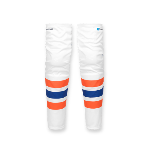 Protección de espinilla de hockey blanca con franjas naranja y azul, vista desde el frente.