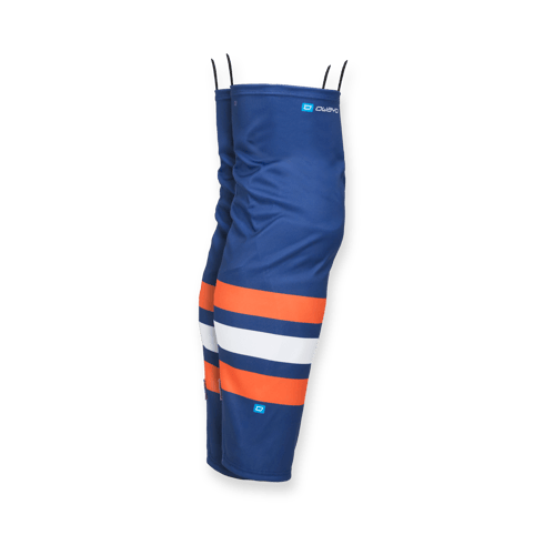 Side view of a blue, orange, and white customized sportswear piece from owayo with a blue logo.