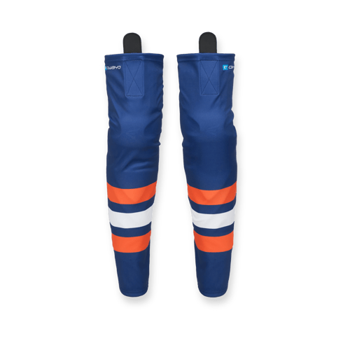 Blue hockey socks with orange and white stripes and the owayo logo.