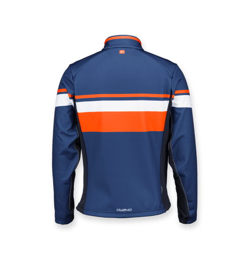 Back view of a blue, orange, and white ice hockey sportswear from owayo featuring an orange logo on the collar and the owayo logo at the lower back.