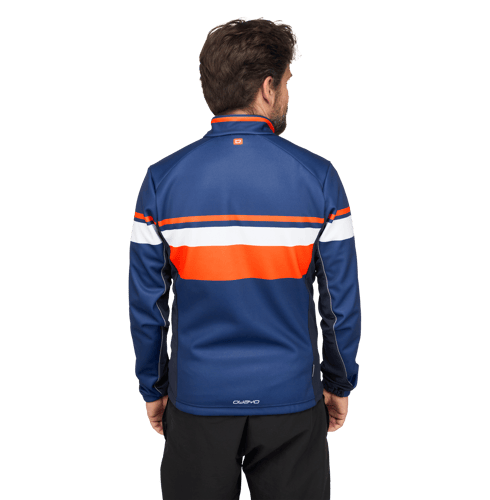 Back view of a man wearing a blue, orange, and white sportswear jacket from owayo, featuring an orange and white stripe across the back and the owayo logo at the bottom hem.