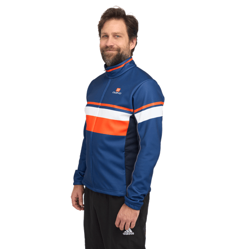 A man wearing a blue, orange, and white training jacket from owayo, shown from the side.