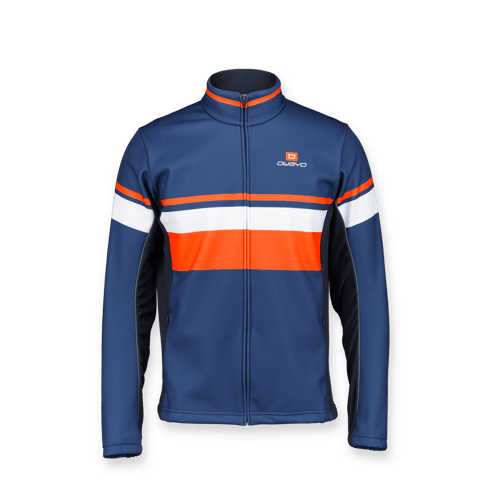 A blue, orange, and white ice hockey sportswear jacket by owayo with a zipper and a logo on the chest.