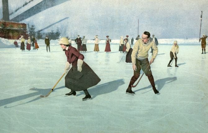 Historische Darstellung von Menschen, die auf einem zugefrorenen See Eishockey spielen.