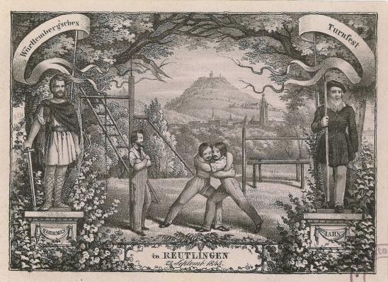 Postcard of wrestlers wearing button down shirts and long pants at a tournament in 1845