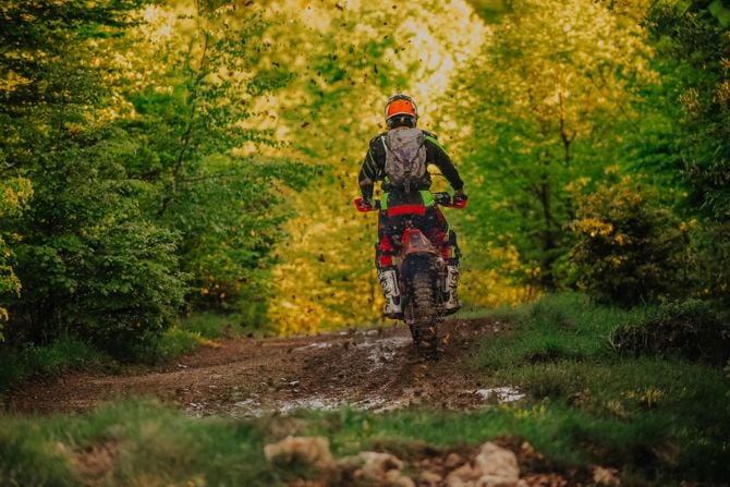 Fahrer auf Enduro-Maschine fährt über einen Waldweg.