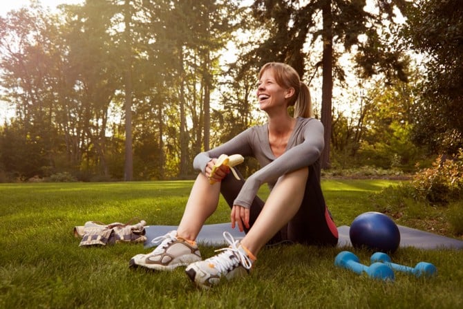 Jogger enjoys her meal before or after sports