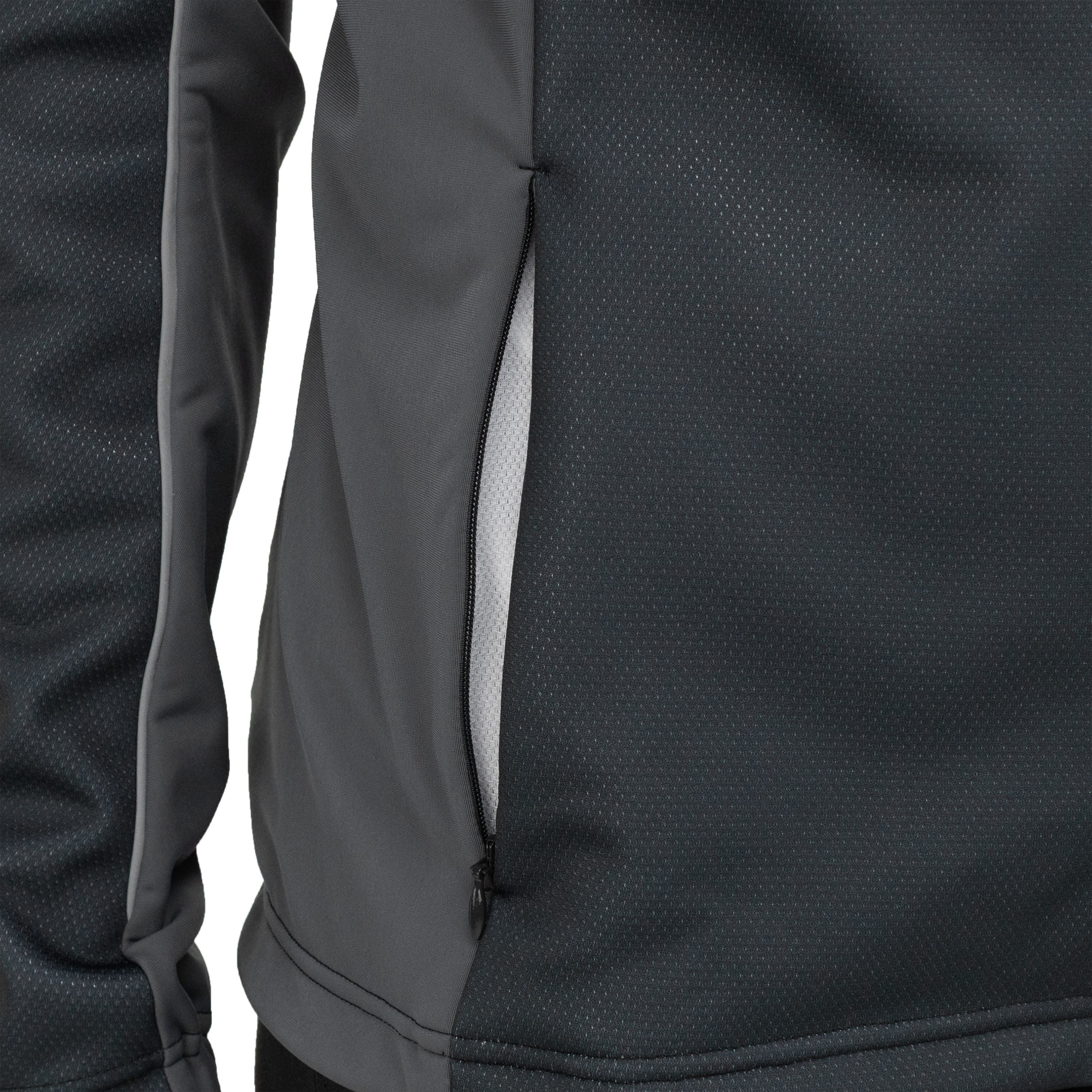 Close-up of a gray sports jacket fabric featuring a side zipper.