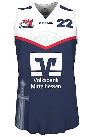 A basketball jersey with the inscription 'Volksbank Mittelhessen' and the club's logo. The jersey is in blue, white, and red colors.