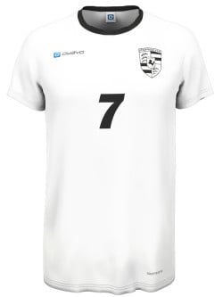 A white sports jersey with the number 7 and a logo resembling a Porsche emblem.