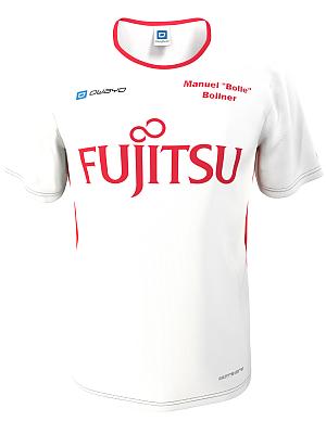 A white sports jersey with a red Fujitsu logo and the name Manuel 'Bolle' Boliner in the center.