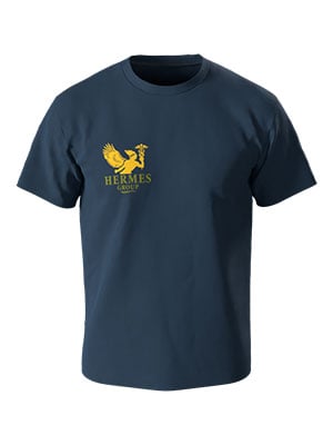 A dark blue t-shirt with a yellow Hermes logo on the chest.