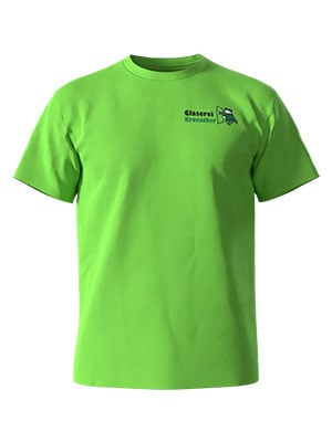 A green t-shirt with a logo and the text 'Gläserne Krönchen' on the chest.