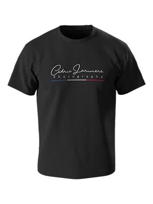A black t-shirt with a stylized logo and a color gradient line underneath it.